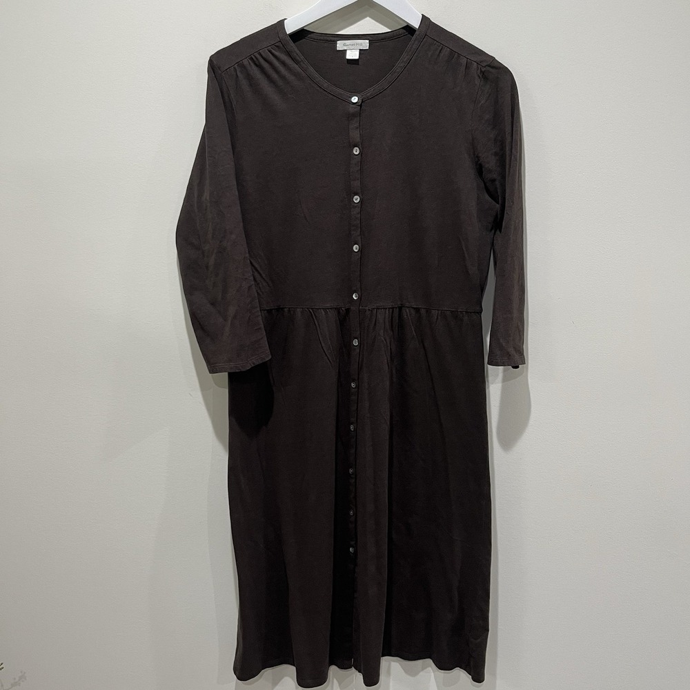 GARNET HILL Midi Dress Brown Lg Button Up Cotton Hong Kong Casual‎ Boho Stretch